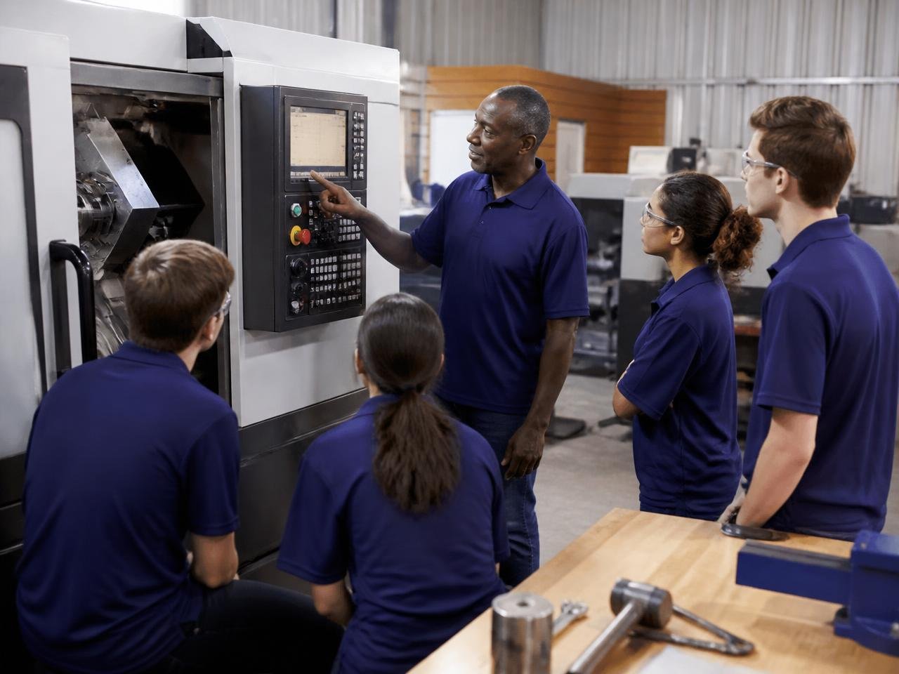 Instrutor conduzindo treinamento prático em máquina CNC com alunos